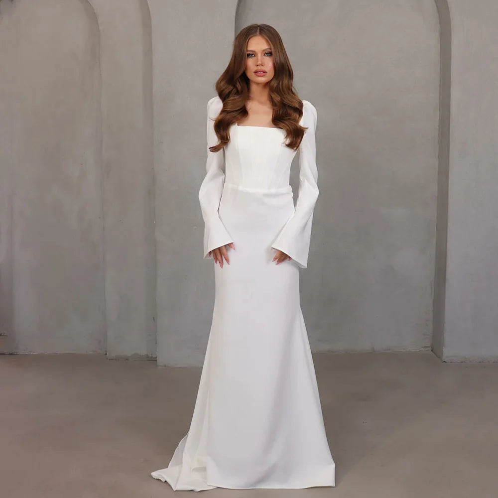 2025 Crepe Bridal Dress Long Sleeve Modest Women Wedding Gown Square Neck Simple Mermaid Formal Bridal Wedding Dress Customized