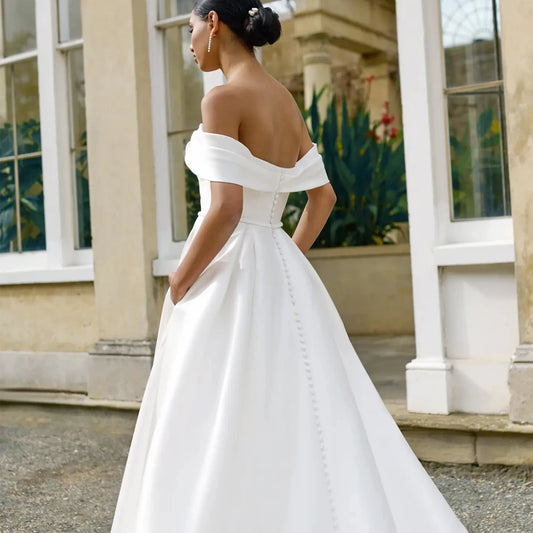 Simple Off The Shoelder Sleeves Wedding Dresses A Line Bridal Grown Zipper Back Button Customized Button Vestidos De Novia Sweep