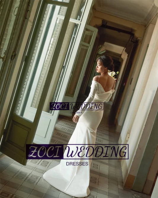 Zoci Elegant Off Shoulder Mermiad Wedding Dresses Spaghetti Straps Wedding Photos Shoot Dress Customized Long Sleeve Bridal Gown