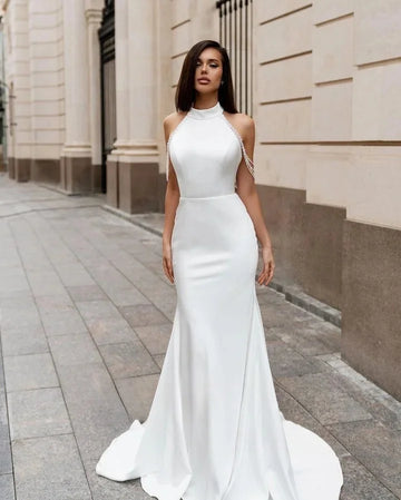 Simple Customize To Measures Mermaid Simple Satin Wedding Dresses Halter Sleevless Beading Bridal Dress Backless Long Wedding