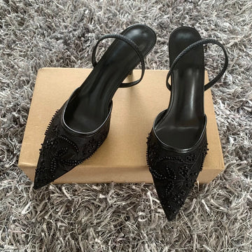Black Embroidered Mesh Slingback High Heels Sandals for Women Designer Shoes Woman Elegant Style Wedding Party Pumps