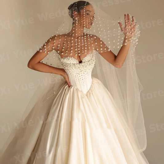 Elegant A Line Women's Wedding Dresses Satin Bride Gowns Sleeveless Vestidos Pearls Backless Customized Vestido De Novia Boda