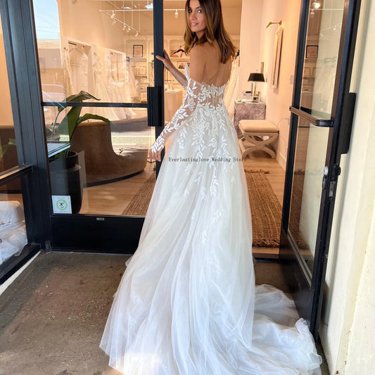 Detachable Long Sleeves Sweethart  3D Flower Lace Applique Bridal Grown A Line Wedding Dresses Side Slit 2025 Vestido De Noival