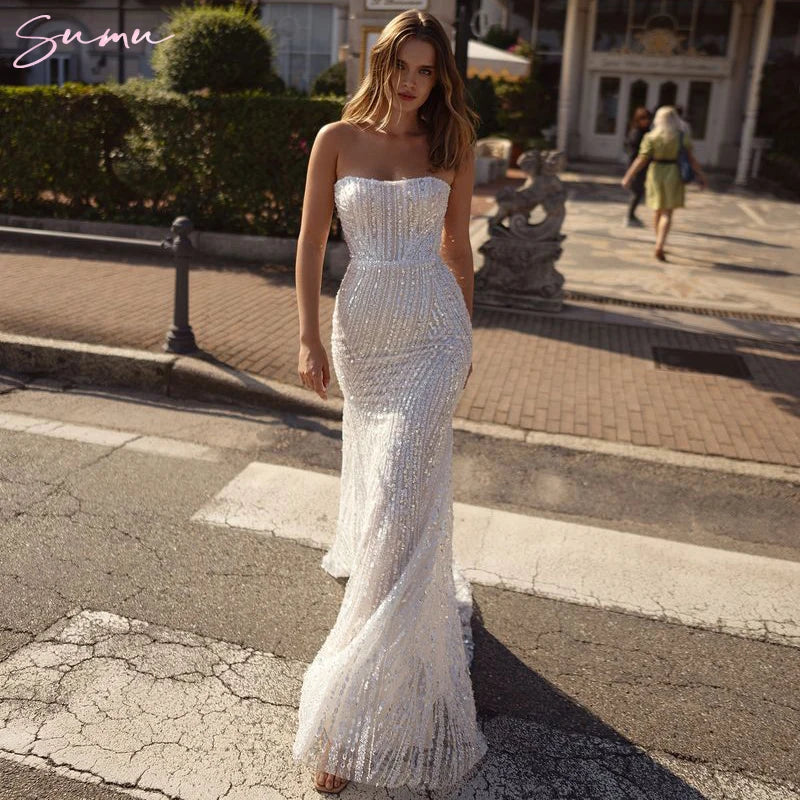 White Sweep Train wedding dress 2025 Pearls Mermaid Wedding Dresses Lace-Up Customized جديد في الفساتين