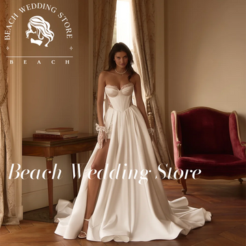 Beach Strapless Sweetheart Neckline Satin Corset Bodice Bridal Dress with High Slit Elegant Floor Length Wedding Gown Customized