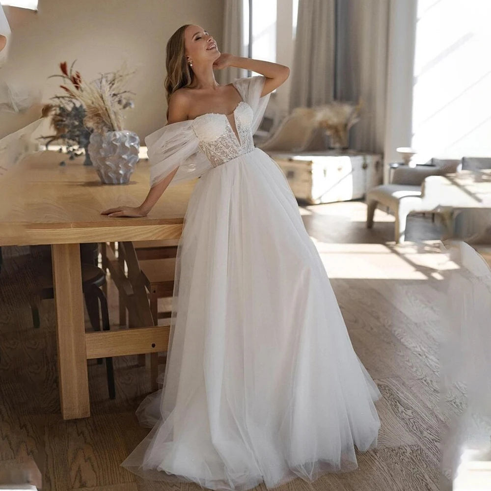 Luxury Off-the-Shoulder Sweetheart Neckline A-Line Dress - Handmade Lace Applique Wedding Gown"