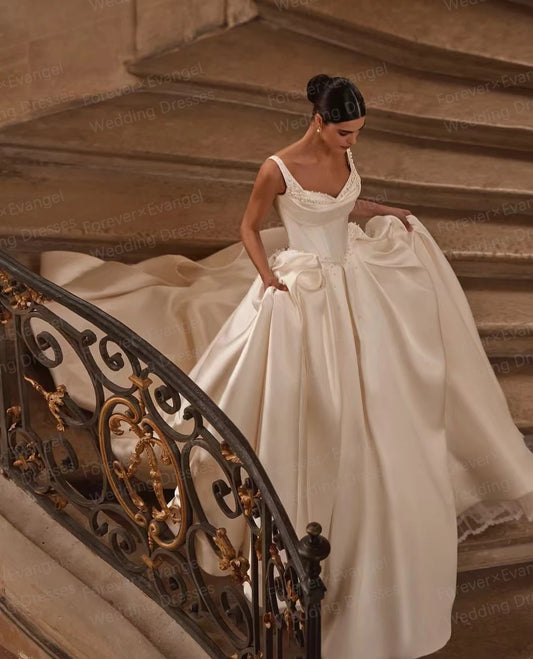 Exquisite Woman's Wedding Dresses A Line Sexy Beading Sleeveless Bride Gowns Sweetheart Formal Satin Vestido De Novia Customized