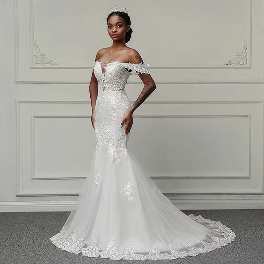 Customized Boat Neck Wedding Dresses for Women flower pattern applique Bridal Gown vestidos de novia robe de mariée