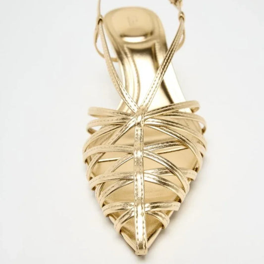 Luxury Gold Brand Heels Women Fashion Narrow Strap Hollow Thin High Heel Summer Sandals Sexy Pointed Toe Slingbacks Dress Shoes