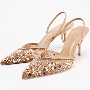 Luxury Designer Bling String Bead Mesh High Heels Women Sexy Pointy Toe Breathable Heeled Sandals Elegant Slingbacks Women Pumps