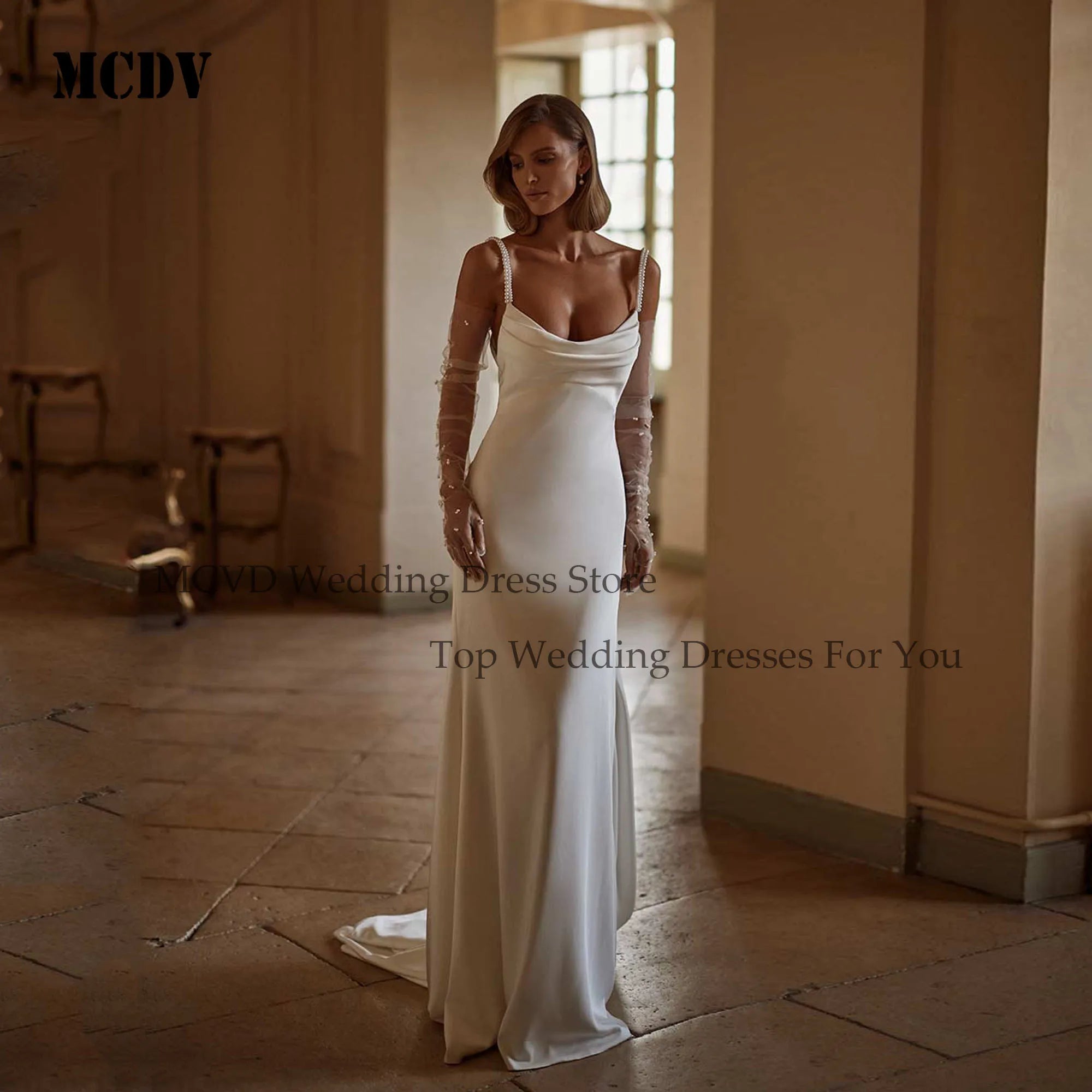 MCDV Elegant Beading Wedding Dresse Spaghetti Straps Mermaid Satin Backless Pleat Sexy Bride Dress Vestidos De Novia Customized