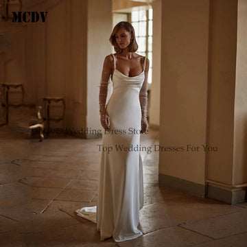 MCDV Elegant Beading Wedding Dresse Spaghetti Straps Mermaid Satin Backless Pleat Sexy Bride Dress Vestidos De Novia Customized