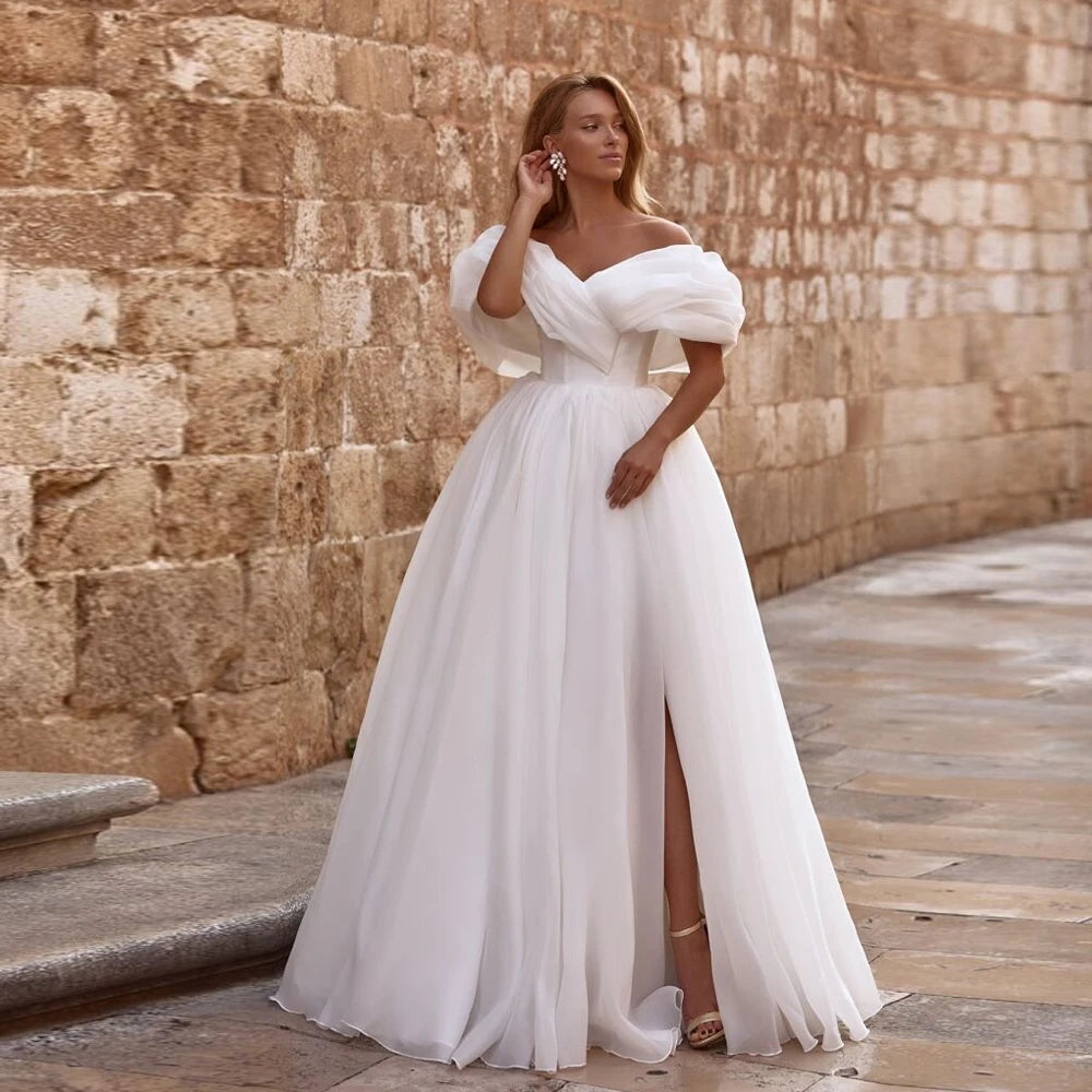 Customized Ivory Wedding Dresses with Organza 2025 Side Slit Strapless Full Sleeve Bridal Gowns Women Summer Vestido De Novia