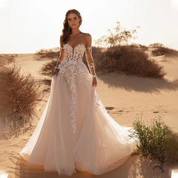 Charming Long Sleeves Sweetheart Lace Applique Bridal Grown  A Line Wedding Dresses Side Slit Custom Made Bridal Grown 2025