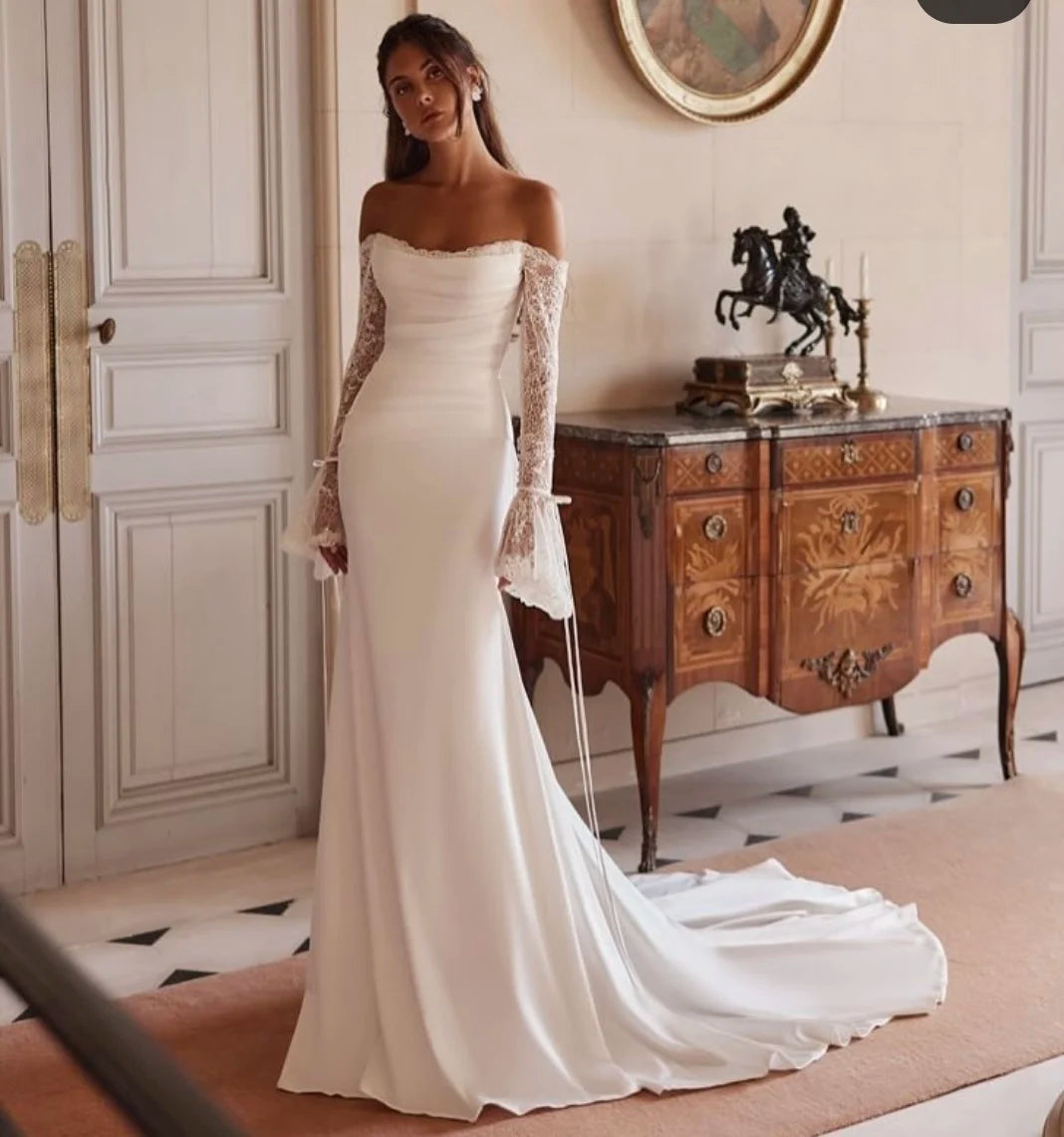 Customize To Measures 2025 Wedding Dress Sweetheart Long Lace Sleeves Mermaid Floor Length Zipper Back Soft Satin Floor Length