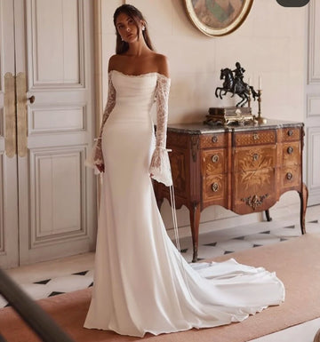 Customize To Measures 2025 Wedding Dress Sweetheart Long Lace Sleeves Mermaid Floor Length Zipper Back Soft Satin Floor Length