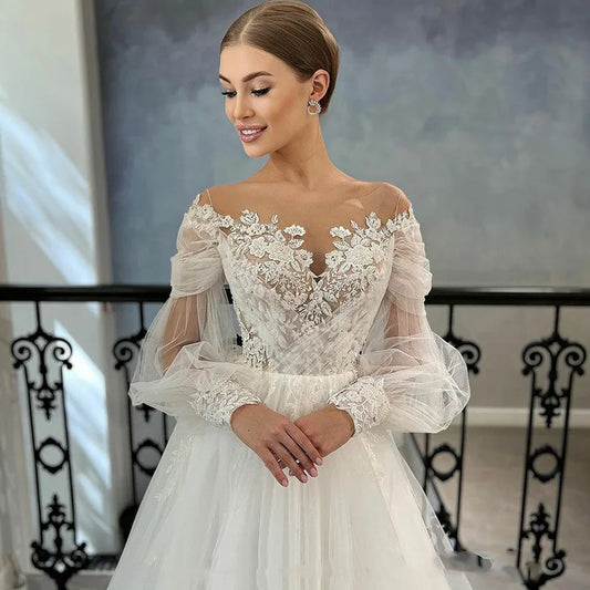 Customized A Line Women Wedding Dresses Tulle Appliques Puff Sleeves Bridal Gowns Court Train Vestido De Noiva robe de mariée