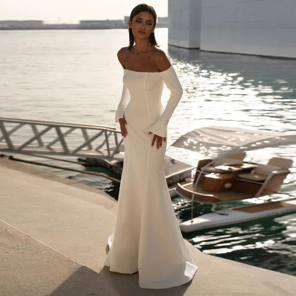 Classic Satin Wedding Dresses With Straight Shoulder For Woman Simple Lvory Bridal Gowns With Full Sleeves New Vestido De Novia
