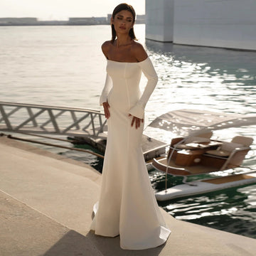 Classic Satin Wedding Dresses With Straight Shoulder For Woman Simple Lvory Bridal Gowns With Full Sleeves New Vestido De Novia