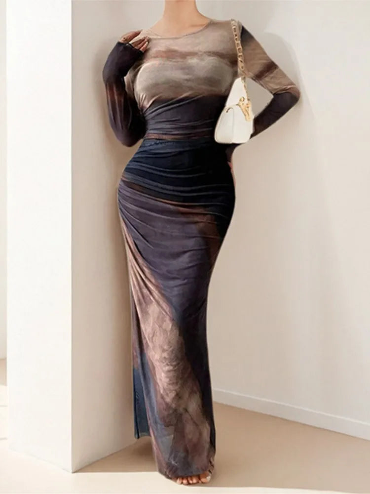 Autumn Temperament Sexy Slim Waisted Long-sleeved Dress Women's Elegant Commuting Round-neck Mid-waist Pleated Hip Skirt