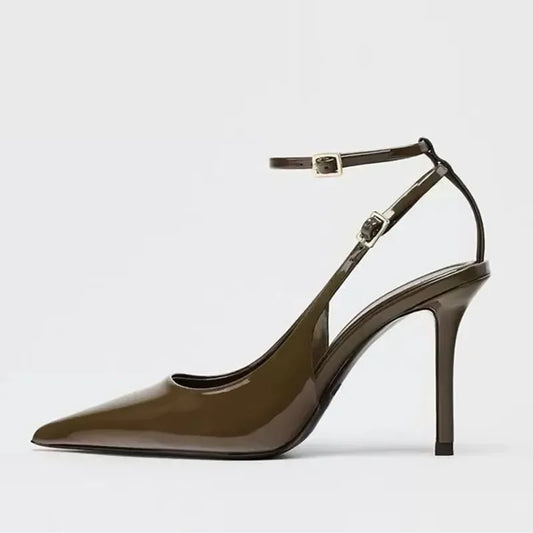 Sexy Pointed Toe Ankle Straps Buckle Women Pumps Patent Leather Slingbacks High Heels Elegant Party Shoe Stiletto Heeled Sandals