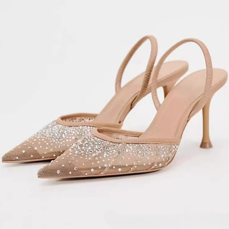 Mesh Rhinestone Breathable High Heels Women Pointed Toe Pumps Mules Sexy Party Shoe Crystal Luxury Brand Slippers Ladies Sandals