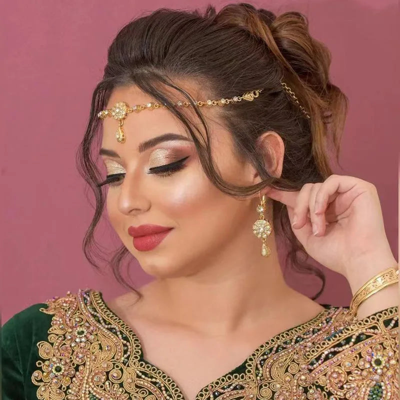 Classic Hair Accessories for Women Water Drop Rhinestone Hair Chain Algeria Bridal Crowns and Tiaras In Gold Color