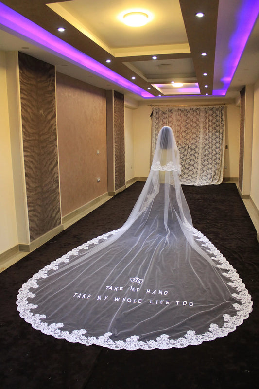 Custom Handwritten font embroidered veil Lace Bespoke Veil Embroidery Cathedral chapel length personalized blusher