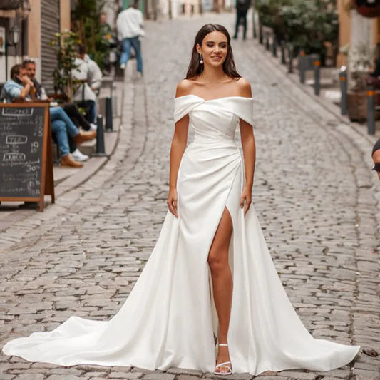 Off Shoulder Satin Wedding Dress – Modern Mermaid Bridal Gown with Side Slit & Train | Maison Bridal