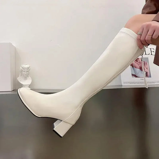 Women's Ankle-Length Knight Boots White over Knee High Boots Spring Autumn Slimming Block Heel Single Boots Rubber Material
