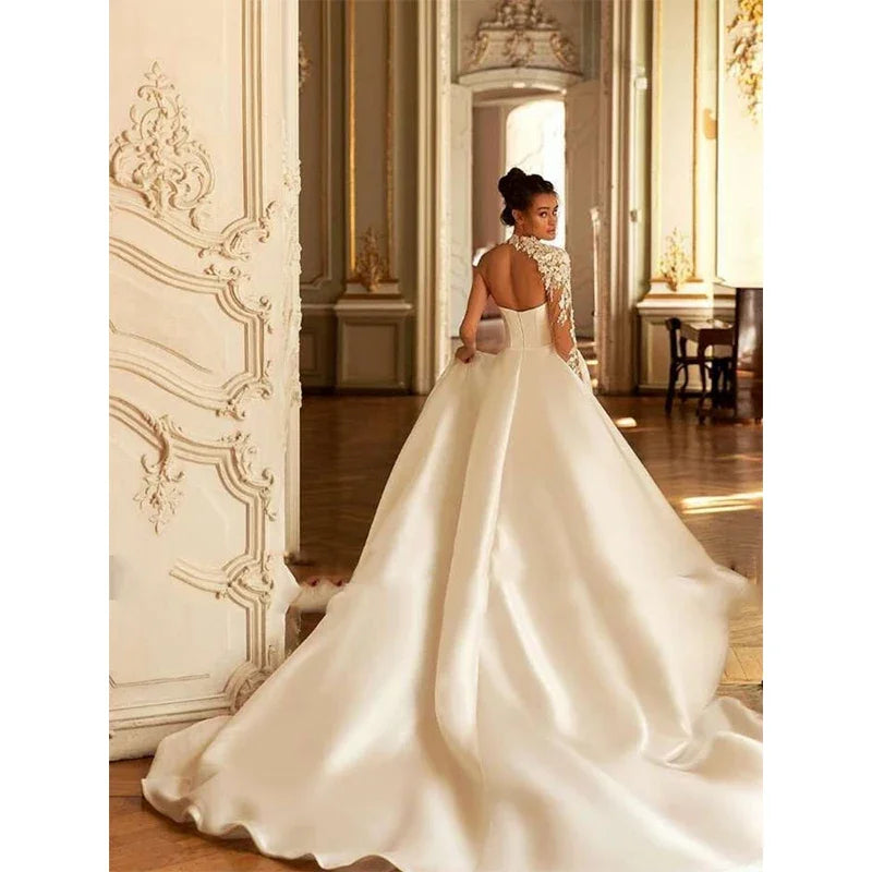 Simple Satin Wedding Dresses One Shoulder Applique High Neck Bridal Party Gowns A-Line Long Train Backless Vestidos De Novia