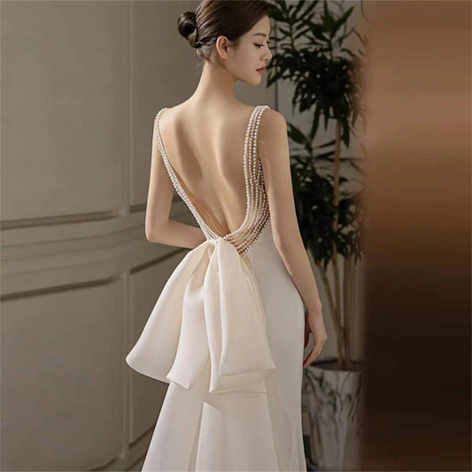 Customized Elegant Spaghetti Strap Pearl Bow Backless Satin Wedding Dresses Women 2025 Court Train Bridal Gown Vestidos De Noiva