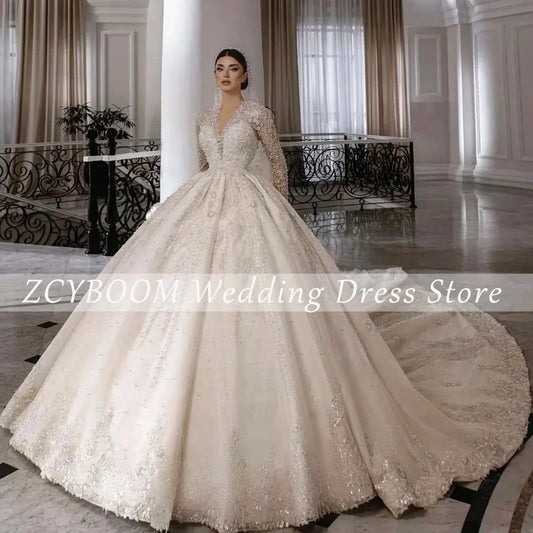 Customized V-Neck Sequin Appliques Long Sleeves White Wedding Dress 2025 Ball Gown Floor Length Sweep Train Lace Up Bridal Gown