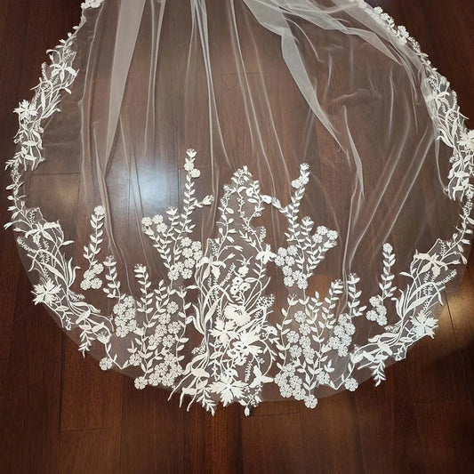 Real Photos Lace Flower Wedding Veil 3 Meters Long Floral Bridal Veil with Comb Head Veil Wedding Accessories