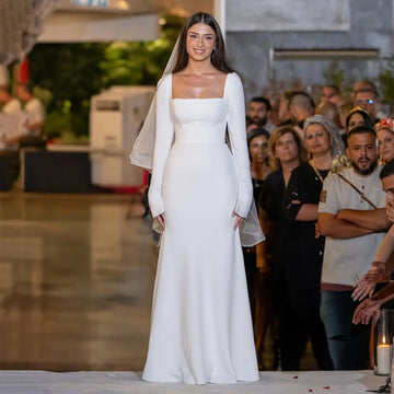Elegant Long Sleeve Square Neck A-Line Wedding Dress With Train Customizable Bridal Gown For Bride  Reception Party Ceremony