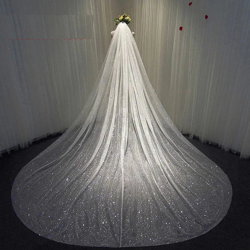 Bling Bling Bridal Veils Sparkly White Champagne Long Cathedral Glitters Wedding Veil With Comb 1 Tier velo de novia 3m 350cm 4m