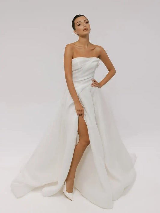 Elegant Pleat Strapless Organza A Line Wedding Dresses Side Slit Custom Made Bridal Grown 2026 Vestido De Noival