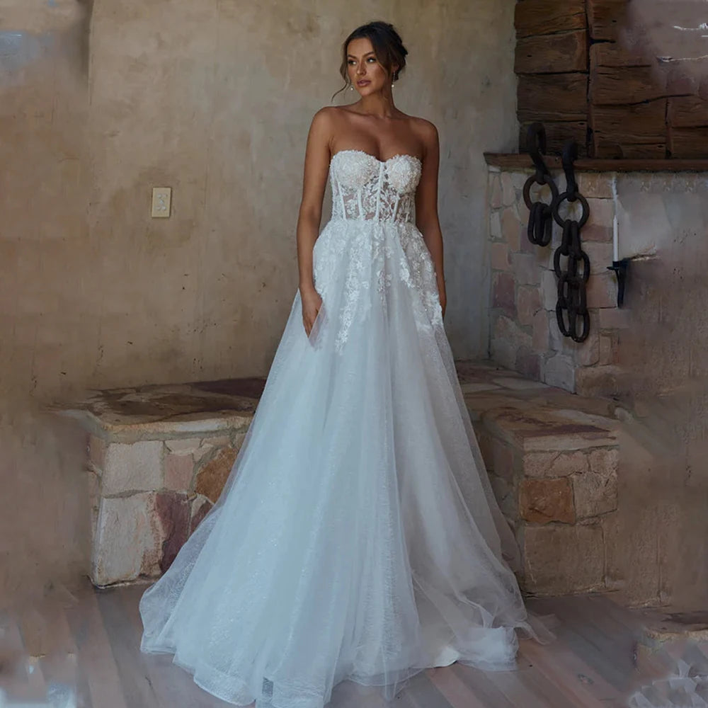 Charming Sweetheart Beaded Lace Applique Bridal Grown A Line Wedding Dresses Custom Made Vestido De Noival