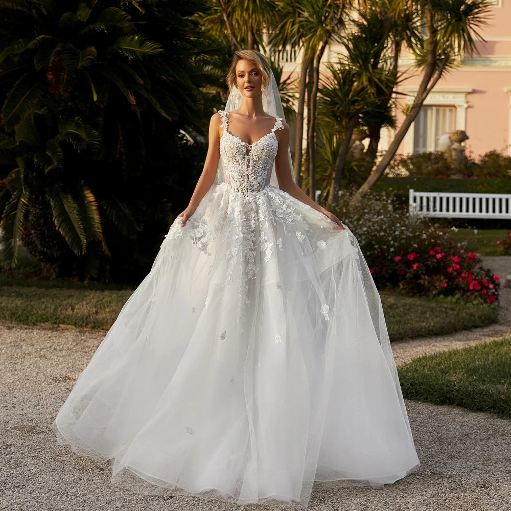 Romantic Two Straps Sweetahrt Lace Applique Beaded Bridal Grown A Line Wedding Dresses Custom Made 2026 Vestido De Noival