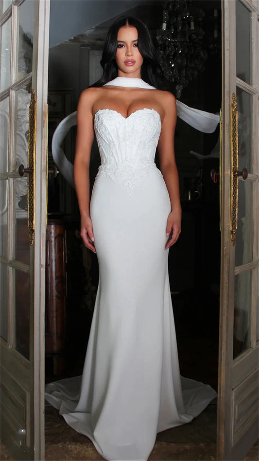 Modern Sweethart Lace Applique Sheath/Mermaid Wedding Dresses With Long Scalf Custom Made 2026 Vestido De Noival