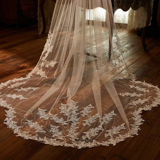 White Ivory One Layer Lace Wedding Veil with Lace Applique Cathedral Long Bridal Veils with Metal Comb Bride Accessories