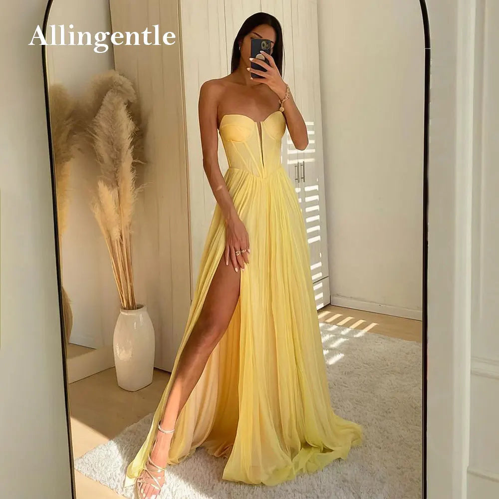 Yellow Chiffon Prom Dress 2026 Strapless A-Line Split Wedding Party Dress Customized Sleeveless Floor-length Vestidos De Fiesta