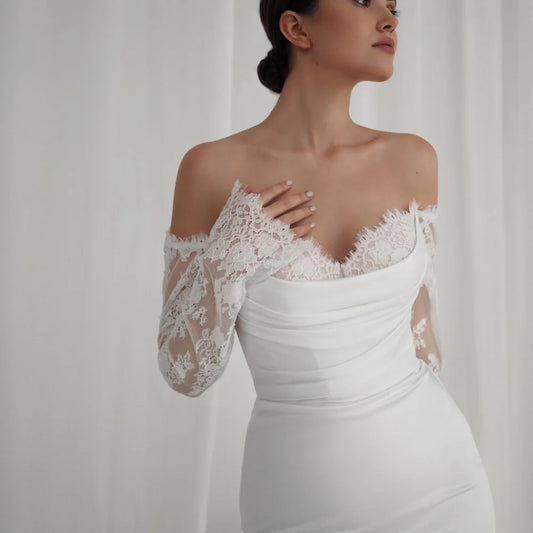 Cathy White Flowers Emulationsilk Wedding Dresses Long Sleeves vestidos de noche Off the Shoulder Customized Formal Evening 2024