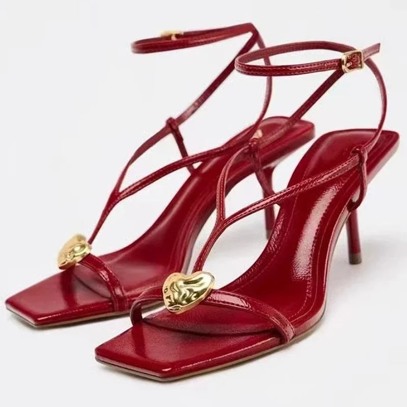 Red Sexy Metal Buckle High Heels Women Fashion Ankle Strap Wedding Party Shoes Ladies Square Toe Elegant Brand Sandals Women