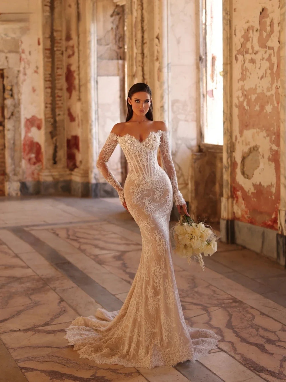 Customized  Shiny Pearls Lace Mermaid Wedding Dress V-neck Off Shoulder Bridal Gown Dreamy Mermaid Dresses For Bride