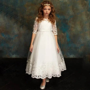 Custom Made Half Sleeves  Lace Applique Flower Girl Dresses