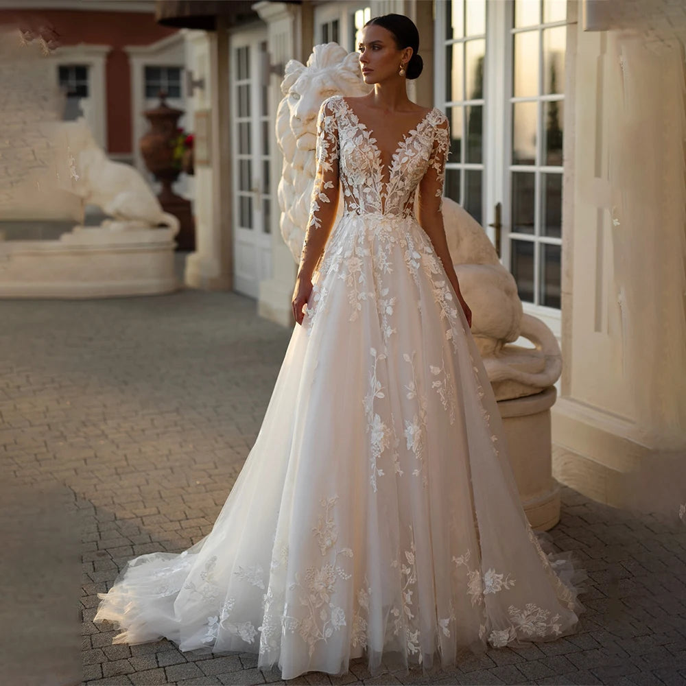 Modern Long Sleeves V-neck Lace Applique Bridal Grown A Line Wedding Dresses Custom Made 2025 Vestido De Noival