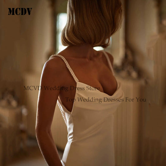 MCDV Elegant Beading Wedding Dresse Spaghetti Straps Mermaid Satin Backless Pleat Sexy Bride Dress Vestidos De Novia Customized