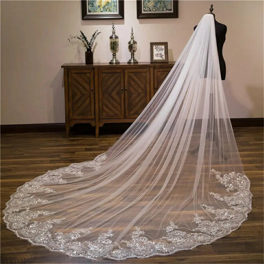 Wedding Veil Lace Edge Long Luxurious Bridal Veil Applique Sequins White/Ivory Veil With Comb Cathedral One-Layer 3M/4M/5M