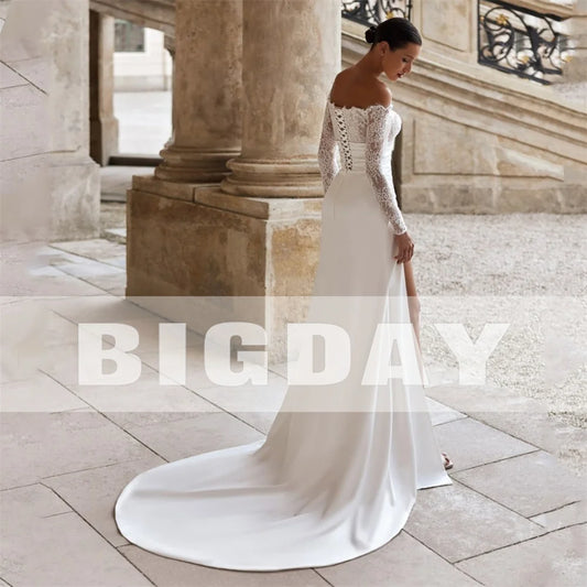 Elegant Lace Long Sleeve Mermaid Wedding Dress V-Neck Off The Shoulder Split Lace-up Bridal Gown Vestido De Noiva Customized